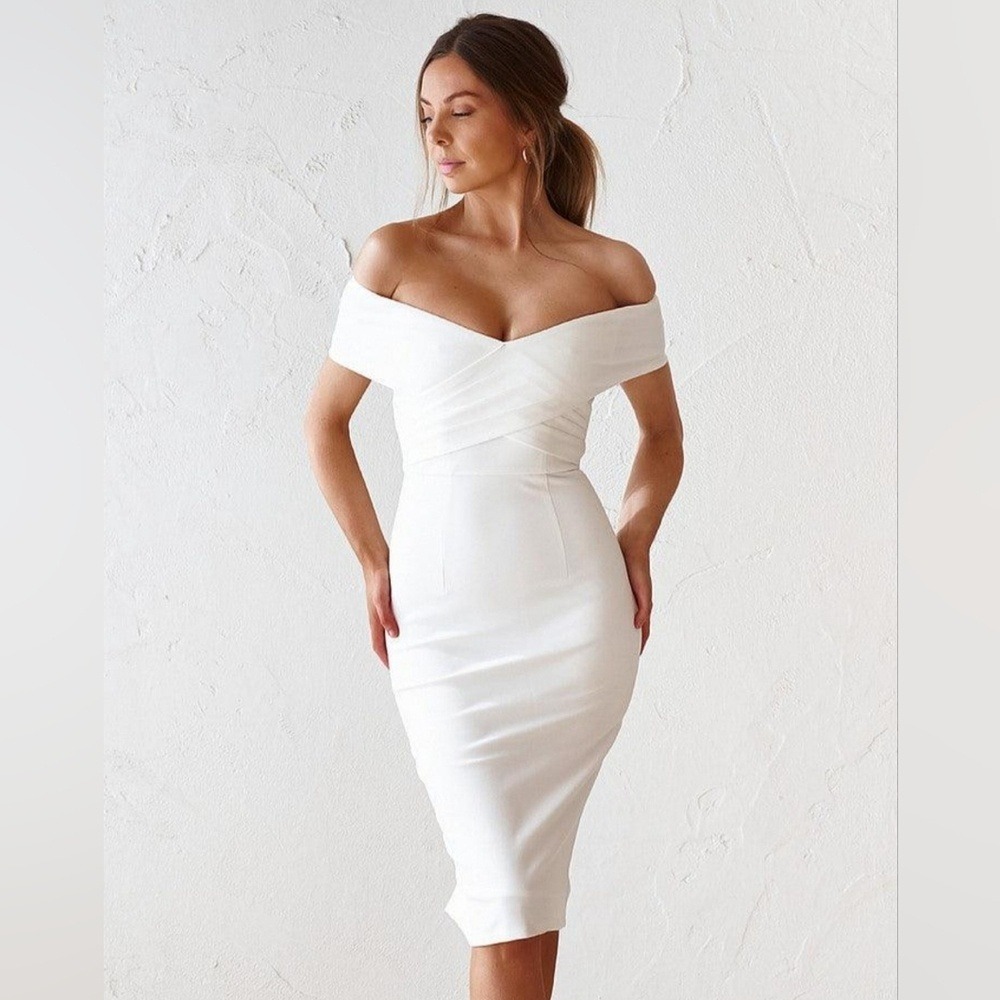 NWT Jaus Dress Women Large White Lovers Off-The-Shoulder Cocktail Bodycon Midi